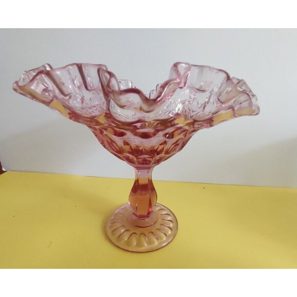 Fenton Peach Pink Glass Footed Bowl Double Ruffled Rim. 7" Tall 8" wide - Picture 9 of 15